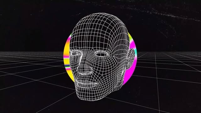 Wireframe 3D head wearing brightly colored headphones.