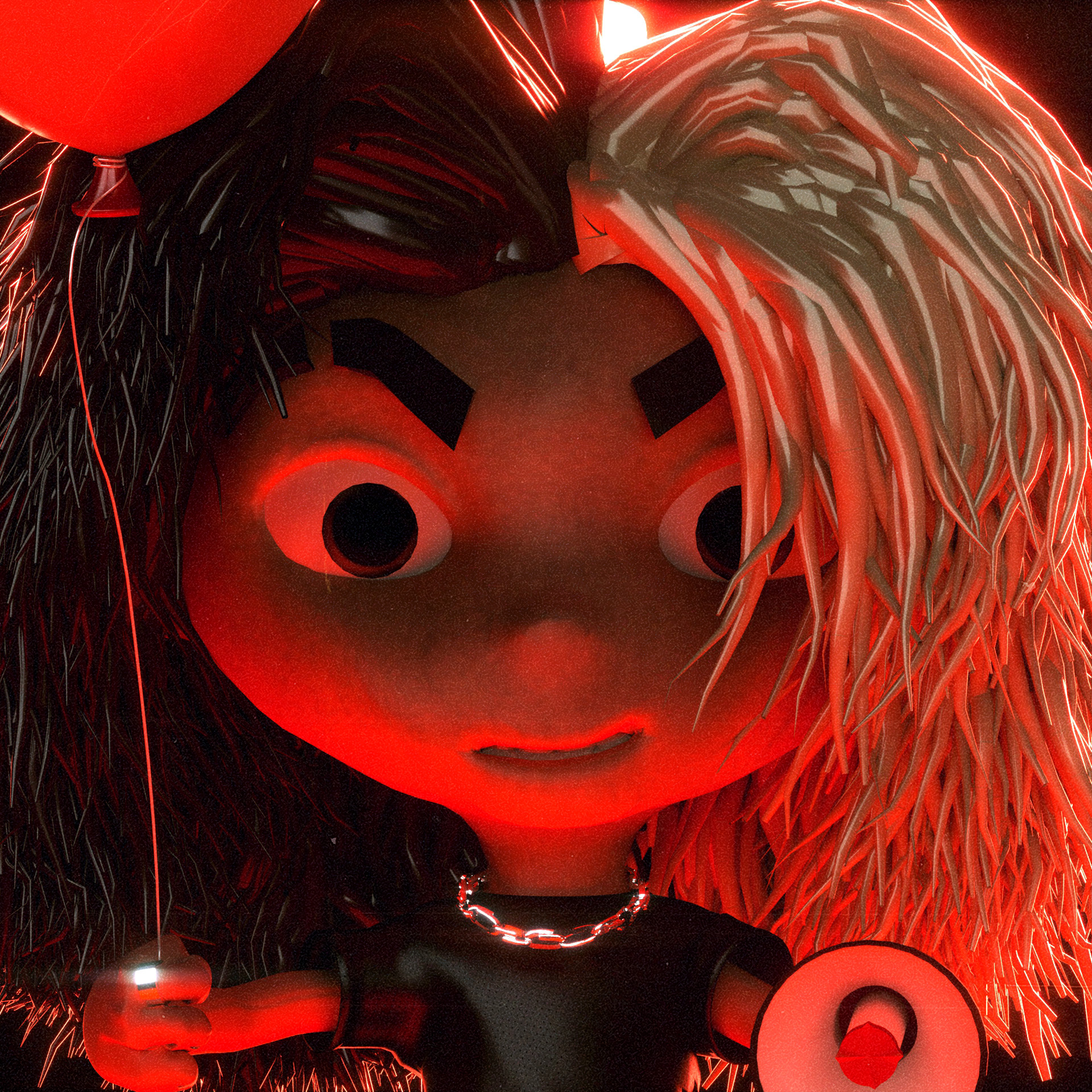 3D avatar of Mack Vargas with split dark and light hair, holding a balloon and megaphone